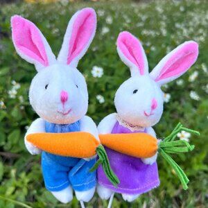 Velvet Bunny Rabbit W/ Carrot Plush Picks Easter Decor Holiday Supplies Set of 2